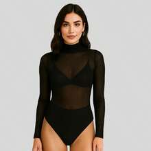 Women's Transparent Tulle Bodysuit – Long Sleeve, Mid-Length, Night Club Look - Rỉ Nâu - Xem 4