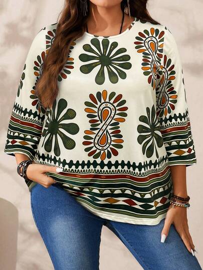 Women's Plus Size Floral Print Half - Sleeve T - Shirt, Loose Fit, Ideal For Casual & Boho Styles, Must - Have Summer Wardrobe, Stylish Plus - Size Top