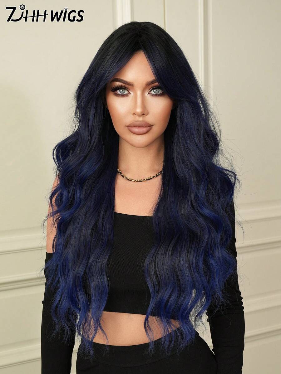 7JHH WIGS Gorgeous 28-Inch Extra Long Wavy Marine Blue Ombre Wig For Women, Fluffy Wave Curly Wigs With Curtain Bangs Dark Roots, Synthetic Fiber Hair Full Machine Hair Dark Blue Wigs For Daily & Music Festival Party Wear, Halloween Cosplay Costume Use All-Match Fashion Accessories - 藏蓝色 - 查看 1