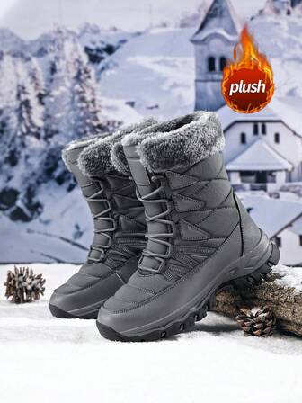 Women's Snow Boots, New Autumn/Winter High-Top Mid-Calf Lace-Up Comfortable Thick-Soled Non-Slip Durable Solid Black Casual Boots, Suitable For Young Women, Fashionable Outdoor Hiking Adventure, Thick Plush Lining, Waterproof Leather Upper, Comfortable And Warm