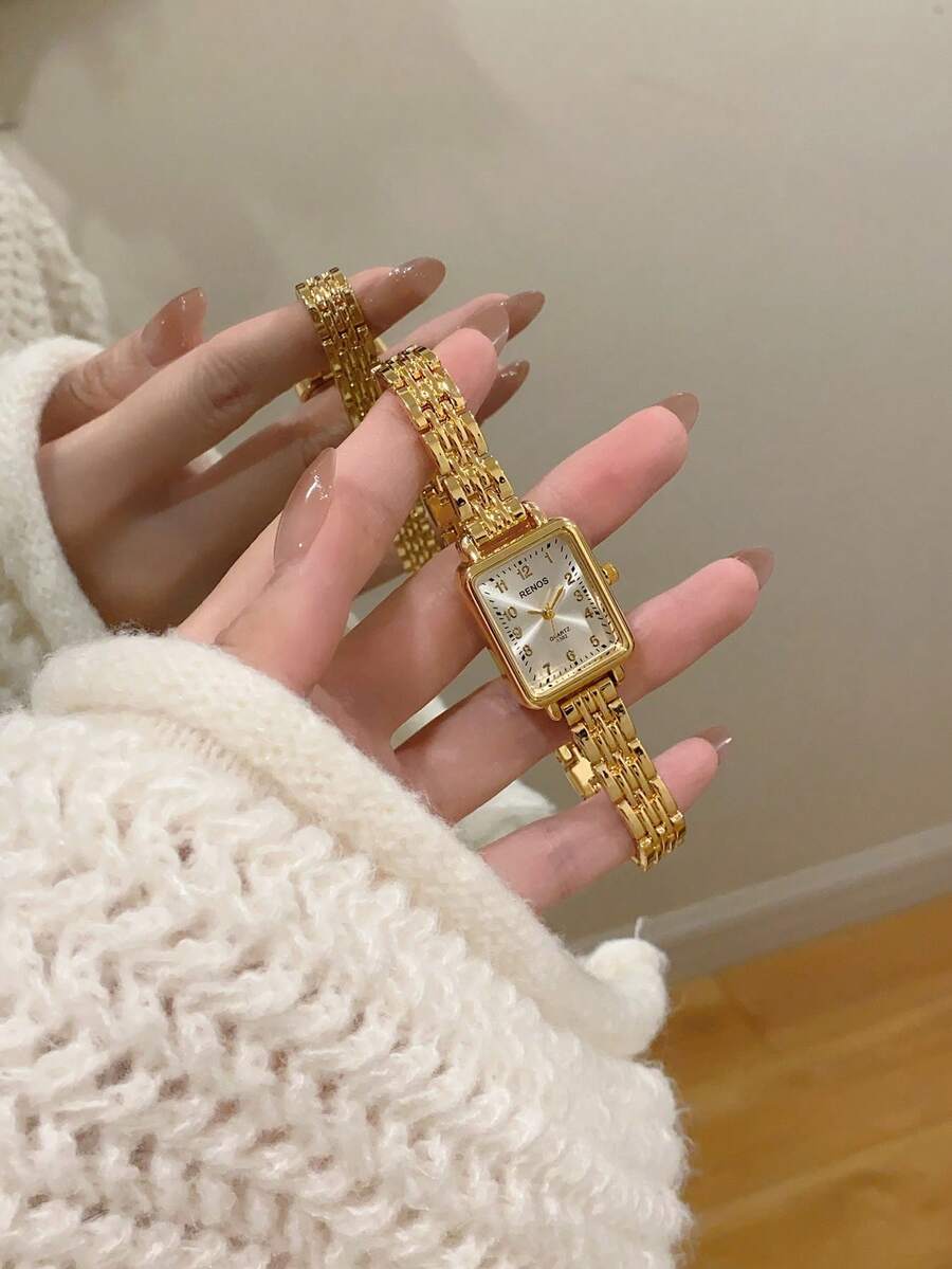 1件装女士简约休闲优雅复古中东风格手镯手表，复古金色