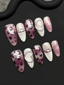 10 件/套手工亚克力按压指甲中长杏仁形指甲，紫色指甲，豹纹指甲，紫色渐变色，猫眼指甲，心形链水晶装饰，指甲用品，假指甲，可拆卸假指甲，指甲用品美甲，适合派对，舞会，日常佩戴，学生派对，按压和可重复使用，含果冻胶和指甲锉 DIY 指甲用品 - 紫色 - 查看 2