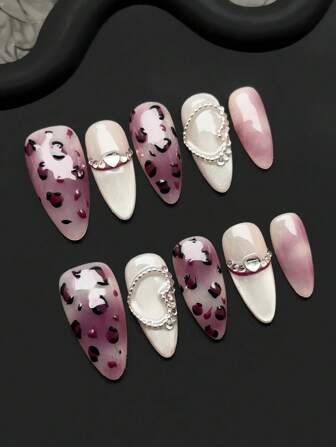 10 件/套手工亚克力按压指甲中长杏仁形指甲，紫色指甲，豹纹指甲，紫色渐变色，猫眼指甲，心形链水晶装饰，指甲用品，假指甲，可拆卸假指甲，指甲用品美甲，适合派对，舞会，日常佩戴，学生派对，按压和可重复使用，含果冻胶和指甲锉 DIY 指甲用品