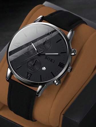 1 reloj de hombre, con función de calendario, esfera redonda de moda con movimiento de cuarzo, correa de PU, adecuado para uso diario, regalo de cumpleaños, fiesta, reunión festiva, regalo ideal para ti o tus amigos. No incluye caja de embalaje.