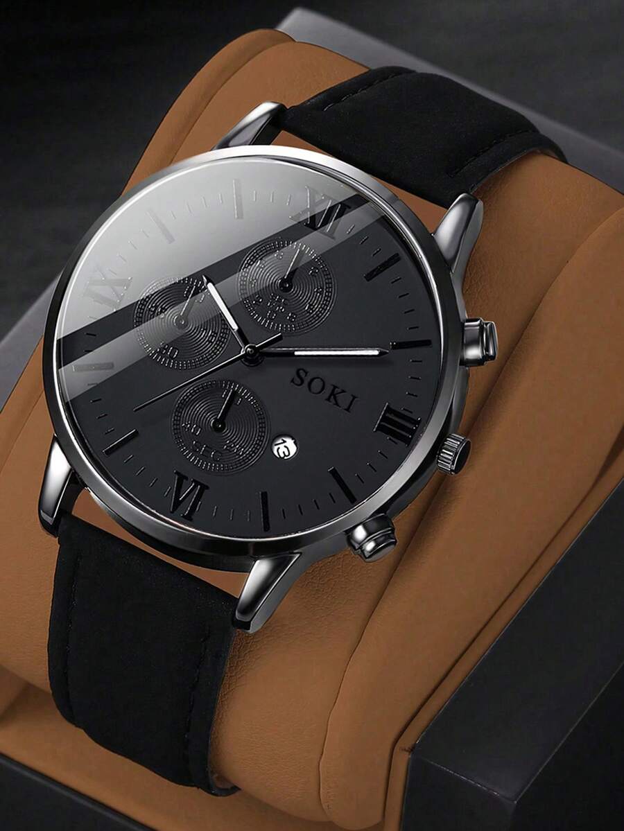1 reloj de hombre, con función de calendario, esfera redonda de moda con movimiento de cuarzo, correa de PU, adecuado para uso diario, regalo de cumpleaños, fiesta, reunión festiva, regalo ideal para ti o tus amigos. No incluye caja de embalaje.