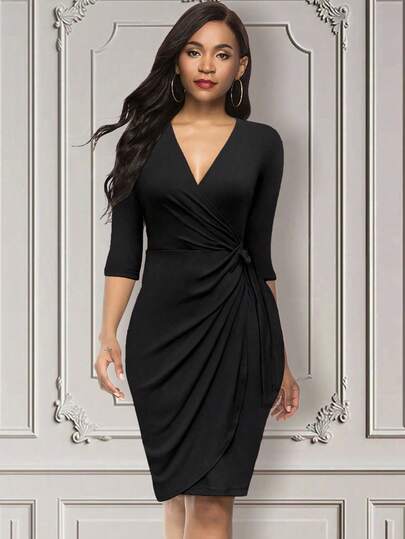 Black Wrap Dress, Elegant V-Neck, Spring Dress, 3/4 Sleeve, Fitted Silhouette, Suitable For Cocktail Parties, Work And Business Occasions