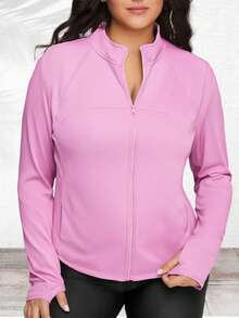 大码女式运动夹克，纯色修身款，带拇指孔袖口、侧袋，透气弹力长袖瑜伽跑步健身夹克，春季款 - 熱帶粉紅色 - 查看 4