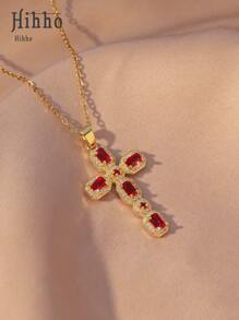 Hihho 1pc European & American Style Shiny Rhinestone Embellished Cross Pendant Necklace, Fashionable And Versatile Jewelry Gift For Women - Yellow Gold - View 22