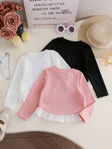 Chatreadl Blusa de manga comprida com acabamento em renda para meninas, 3 peças, design casual com laço, roupa versátil para atividades ao ar livre, primavera/outono