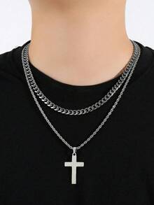 2pcs Set Of Men's Rhinestone-Decorated Cuban Twist Chain Necklace With Cross Pendant, Fashionable And Versatile Accessory For Men And Women, Perfect For Holiday Gifts