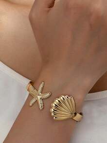 1pc Fashionable Metal Ocean Series Starfish Bangle, Adjustable Open Design Women Summer Beach Holiday Daily Outfit Jewelry - Gold - View 6