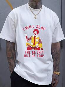 Men's Funny McDonald's Clown Graphic T-Shirt - "I Will Slap The McShit Out Of You" Bold Red Text - Soft Breathable Fabric For Casual Streetwear, Novelty Gifts & Fast Food Fans - White Tee With Bold Statement Design, Comfortable Streetwear, Round Neckline Shirt - 白色 - 查看 1
