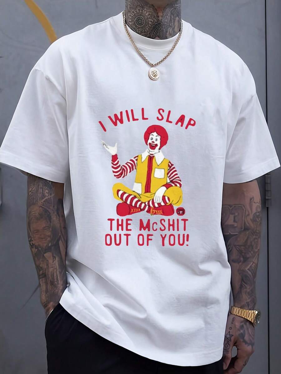 Men's Funny McDonald's Clown Graphic T-Shirt - "I Will Slap The McShit Out Of You" Bold Red Text - Soft Breathable Fabric For Casual Streetwear, Novelty Gifts & Fast Food Fans - White Tee With Bold Statement Design, Comfortable Streetwear, Round Neckline Shirt - 白色 - 查看 1