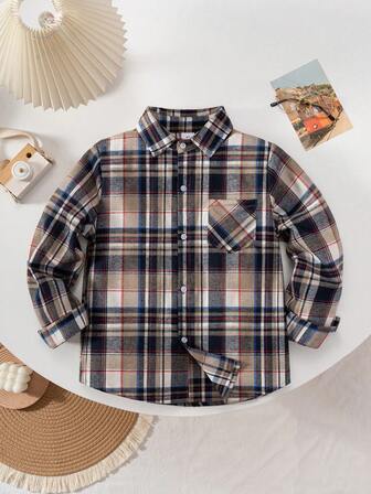 Camisa de manga larga de algodón a cuadros caqui clásica y casual para niño, versátil para uso diario, vacaciones y reuniones