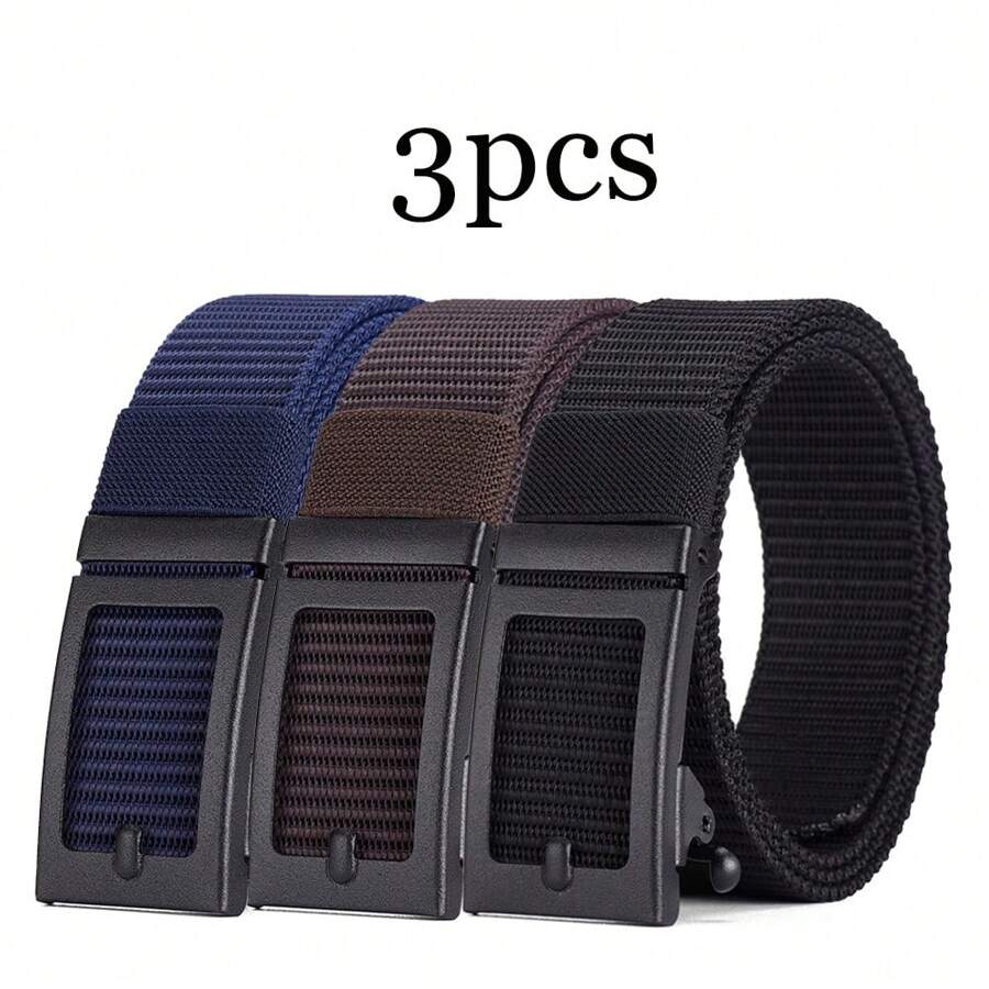 3 piezas Cinturón de lona con hebilla automática de moda para hombres, cinturón minimalista multiusos para aventuras al aire libre, regalo para padre/novio, accesorios de otoño-invierno, adecuado para adolescentes, jóvenes, hombres, uso casual, al aire libre, atlético, vacaciones, regalos de graduación, cumpleaños, uso diario, Halloween, casual, negocios, calle, bohemio, occidental, al aire libre, regalo para hombres, esposo, novio, padre, papá, Navidad