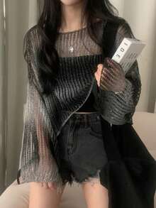 Cropped Knit Sweater For Women, Sexy Cutout Design, Versatile Cold Shoulder Top - Black and White - View 1