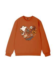 Ropa de mujer para otoño e invierno, sudadera de cuello redondo con estampado de sombrero mágico de cabeza de calabaza y letra, top casual y suelto multifuncional para festivales, adecuado para uso diario, ropa de mujer de otoño, moda de otoño e invierno.