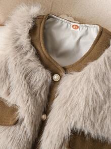 1pc Girls Fashionable Faux Pocket Single-Breasted Vest Thick Fuzzy Cardigan