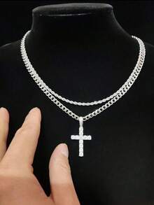 2pcs Set Of Men's Rhinestone-Decorated Cuban Twist Chain Necklace With Cross Pendant, Fashionable And Versatile Accessory For Men And Women, Perfect For Holiday Gifts