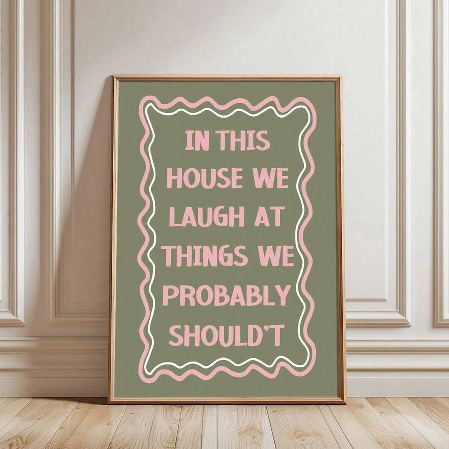 1 幅带框/无框《在这所房子里,我们笑了》搞笑语录海报绿色粉色印刷墙面艺术帆布印刷简约女孩房间美学装饰时髦画作,适用于走廊、客厅、卧室、现代家居装饰 - 彩色 - 查看 1