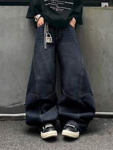 1 pièce Jeans droits à design patchwork avec lavage vintage délavé ample pour hommes (ceinture et accessoires non inclus) - Jean brut - Voir 5