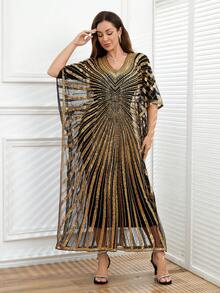 JINLICX Luxurious Beaded V-Neck Long Robe Women's Evening Gown Party Dress, Formal Banquet Caftan - Gold - View 2