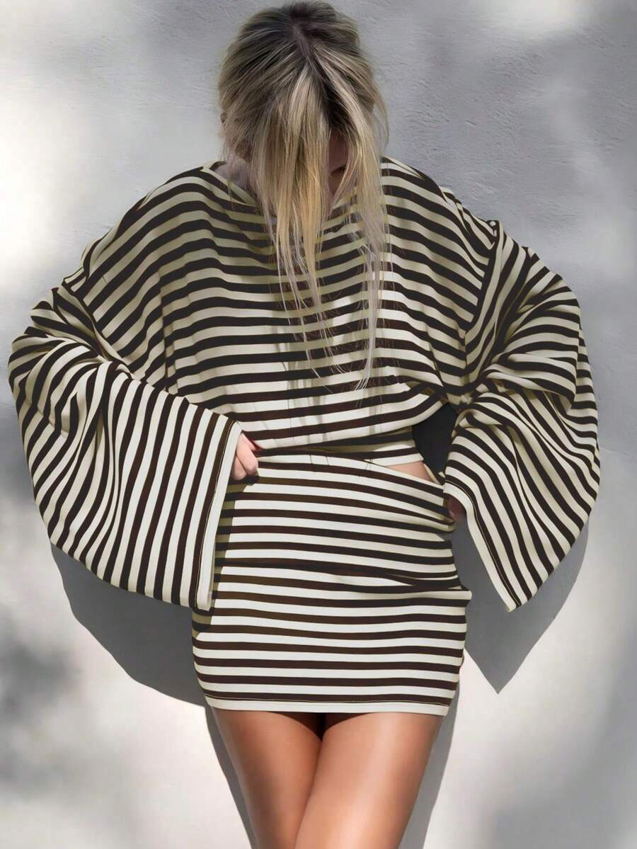 2 件条纹上衣和宽松长袖中长裙套装，针织面料 180G，女士优雅条纹服装，休闲简约风格 - 咖啡棕 - 查看 1