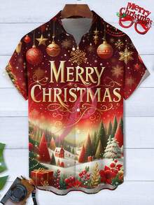 Camicia a maniche corte con stampa natalizia e tasche con bottoni per uomo