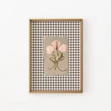 1 pezzo Stampa artistica a parete bianca senza cornice con tulipano, cartellone floreale con motivo a scacchi marrone in stile cottage, decorazione minimalista da fattoria per soggiorno/camera da letto/camera da letto, decorazione primaverile botanica per la stanza, regalo perfetto (stampe da parete, cartellone funky, ritorno a scuola)