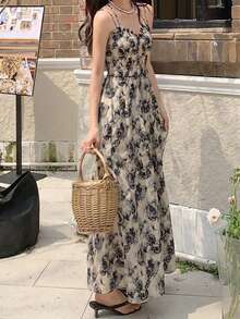 2025 Spring/Summer Versatile Women's Casual Floral Print Tie-Front Dress - Apricot - View 2