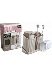 Duo Bathroom Kit - Liquid Soap Holder - Toothbrush Holder - Tray - Gris - Ver 3