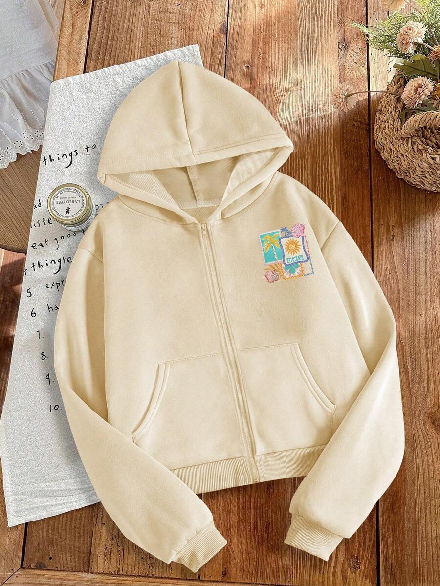 Tween Girl Casual Hooded Jacket Sunny Beach Design Print Chic For Girls Autumn/Winter Wear Simple Long Sleeve Crewneck Pullover Top - Apricot - View 1
