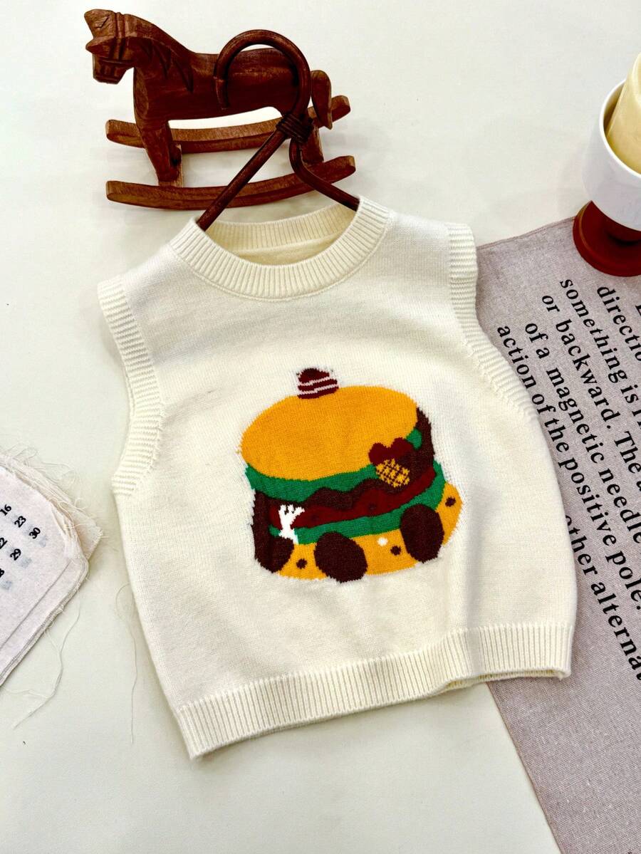 WUHUANG YIYI Baby Girl Cute Cartoon Hamburger Pattern Solid Color Knit Vest Loose Slip-On For Outing, Autumn - Beige - View 1