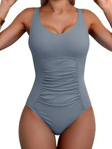 Tummy Control One Piece Swimsuit With Ruched Design - Ribbed, Grey Blue - View 1