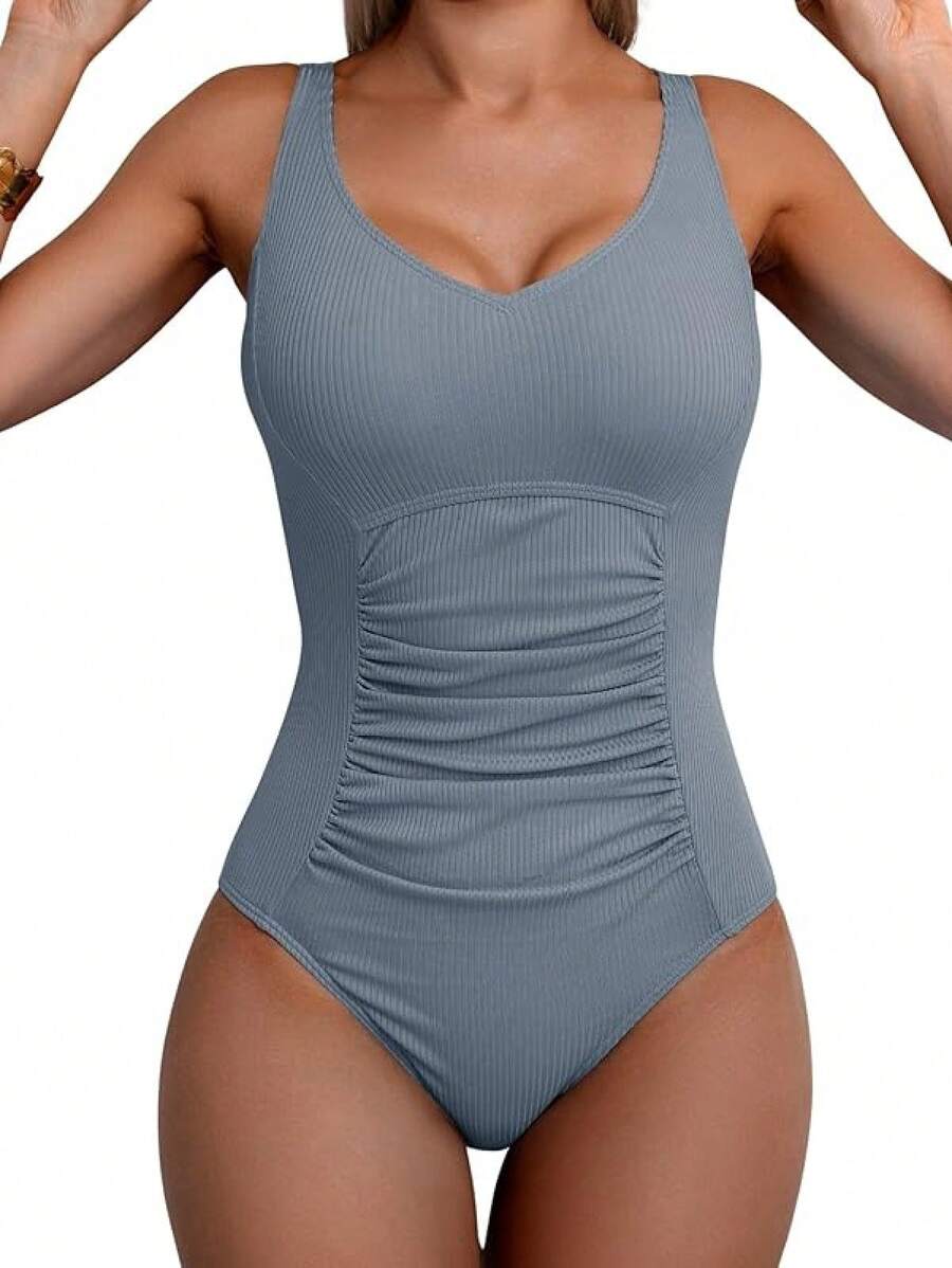 Tummy Control One Piece Swimsuit With Ruched Design - Ribbed, Grey Blue - View 1