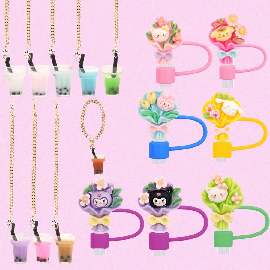 Sanrio 9pcs Sanrio Character Mug Accessories Set, Includes 7 Straw Lids And 2 Random Mug Chains Suitable For 8-10mm Straws, Gift Set Packaged In A Complete Gift Box