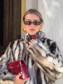 女士动物纹人造毛皮外套，冬季长袖立领蓬松加厚保暖时尚休闲毛皮大衣 - 黑色 - 查看 7