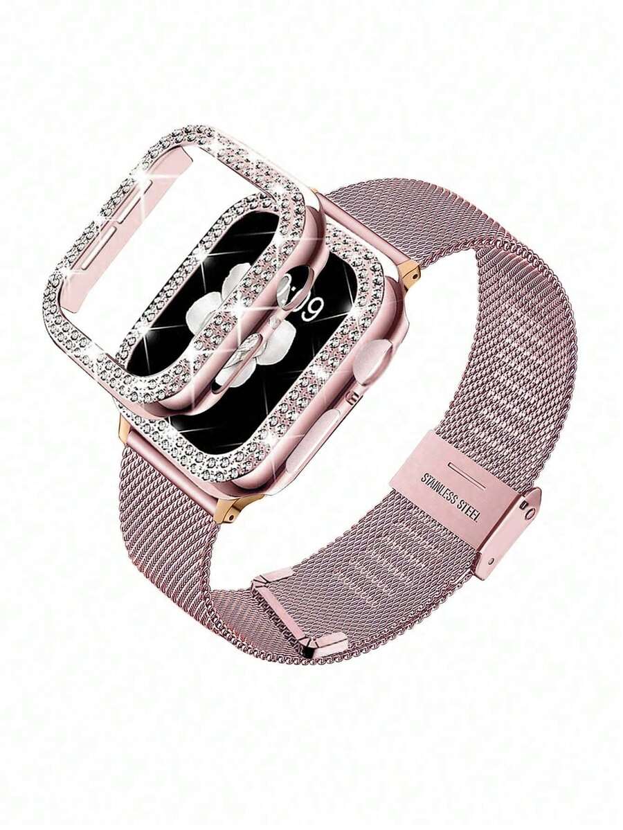 2 件兼容 表带和手表保护壳套装，官方网站原装粉色不锈钢金属 表带和粉色嵌入式珠宝闪亮钻石粉色保险杠 保护壳适用于 Watch Ultra 3/2/1、S10/S9/SE、8/7/6/5/4/3/2/1 系列，年轻、时尚、可爱、优雅、奢华女士可调节防水透气金属网 表带，水晶钻石防震闪亮 保护壳，不锈钢网状表带套装，粉色，38mm 40mm 41mm 42mm 44mm 45mm 46mm 49mm - 粉色 - 查看 1