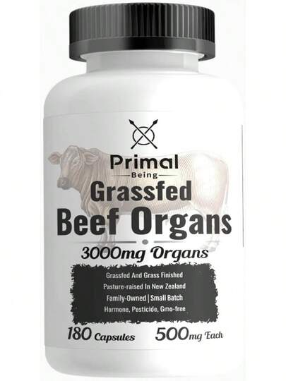 Primal Being Grassfed Beef Organ Complex - Liver, Heart, Pancreas, Spleen, & Kidney- Supports Overall Health & Performance - 180 Capsules, 3000mg Per Serving