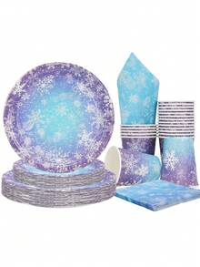 10pcs/20pcs/50pcs/80pcs Frozen Birthday Party Supplies Snowflake Paper Plates Cups Napkins Tableware Set Blue Winter Holiday Wonderland Party Favors Supplies For Christmas Winter Wonderland Frozen Birthday Party Decorations - Multicolor - View 1
