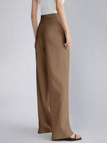 Women's High Waist Side Pocket Wide Leg Suit Pants, Spring/Autumn - Brown - View 2