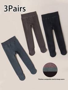 1pc Children's Thick Ribbed Solid Color Tights, Thermal Lined, Autumn/Winter - Multicolor - View 4