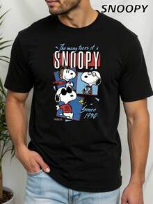 SNOOPY وجوه سنوبي المتعددة منذ ظهور سنوبي قصير الأكمام للرجال، الرسوم الكرتونية الجميلة لافتة للنظر، والقصة الفضفاضة مريحة للغاية للارتداء اليومي - الأسود - مشاهدة 3