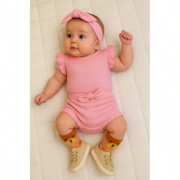 conjunto blogueirinha bebê menina ribana 100% algodão RN P M G - 1 body regata detalhe princesa 1 shorts com amarração e 1 faixa (liso) - conjunto bebe menina