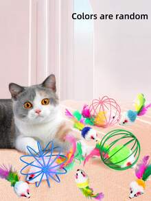 5/3/1 件互动猫玩具，配有真毛尾巴和笼鼠逗猫棒 - 无需电池，色彩鲜艳的室内游戏 - 送给宠物和宠物爱好者的完美节日礼物 - 彩色 - 查看 5