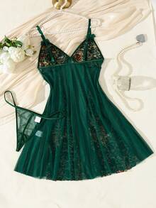 Sexy Lingerie Women'S Floral Embroidered Lingerie Dress With Bow Detail - Deep V-Neck, Thong Panties, And Garter Belt, No Bra Pad, Adult Size, Green With Golden Accents, Adult Lingerie Dress | Floral Embroidery | Thong Panties, Lingerie Sets - Green - View 2