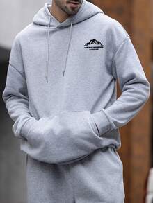 男士秋冬简约山景印花口袋抽绳连帽卫衣，长袖上衣 - 灰色 - 查看 3