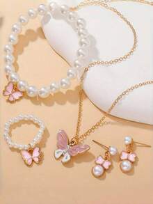5件套优雅时尚首饰套装：珍珠手链、戒指、蝴蝶吊坠项链、耳环，适合作为生日/节日礼物或日常佩戴（盒子仅供展示） - 淺粉色 - 查看 3