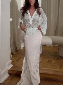 Yuwenier Sexy Deep V-Neck Hollow See-Through Sequin Crochet Batwing Sleeve Loose Cover Up, Suitable For Outings, Parties, Summer Vacation, Beach, Music Festivals, Halloween, Etc. Women's Spring - Silver - View 4