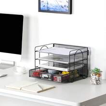 EasyPAG 4 Tier Desktop A4 Mesh Filing Tray Office Desk Tidy File Holder Paper Organiser Magazine Storage Rack With Stationery Drawer,Black - Black - View 2